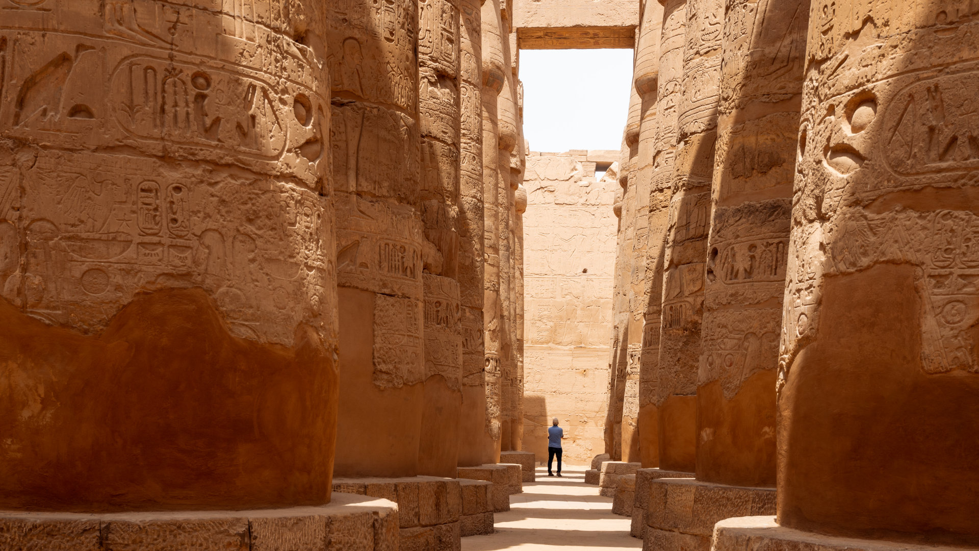 Sunlit temple colonnade in Luxor