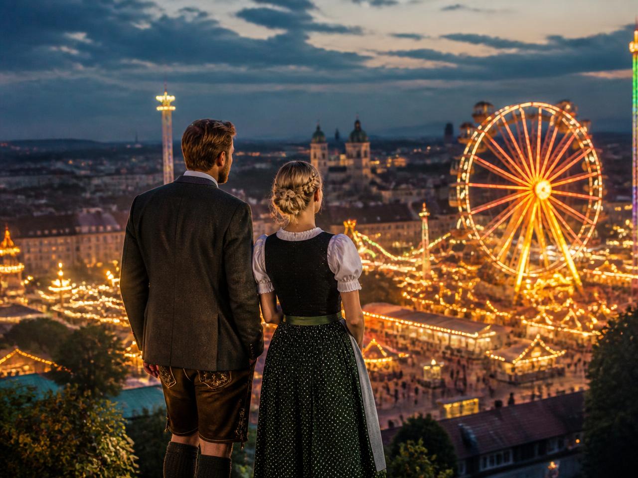Couple overlooking the illuminated Oktoberfest fairground