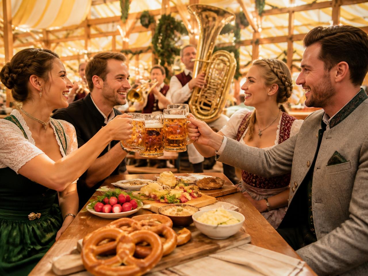 Friends enjoying a warm evening in an elegant Oktoberfest tent