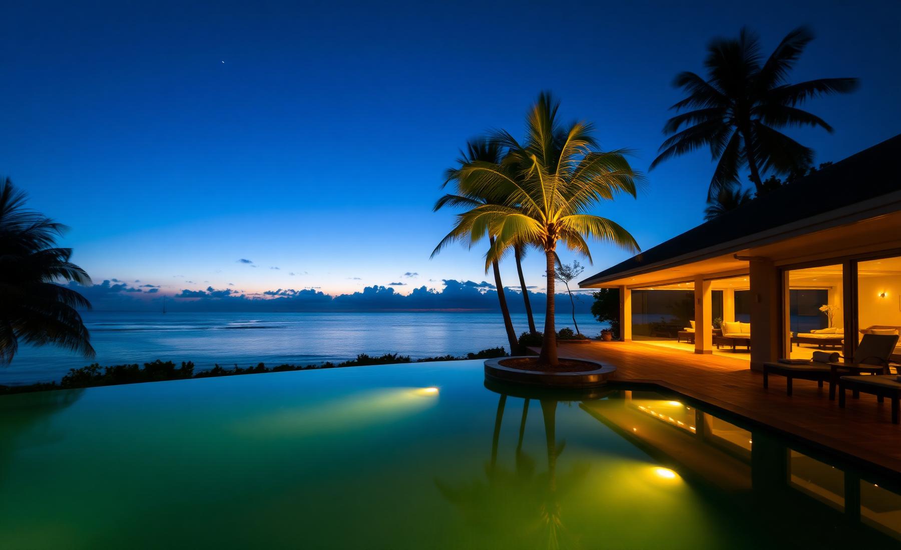 Beachfront villa at twilight