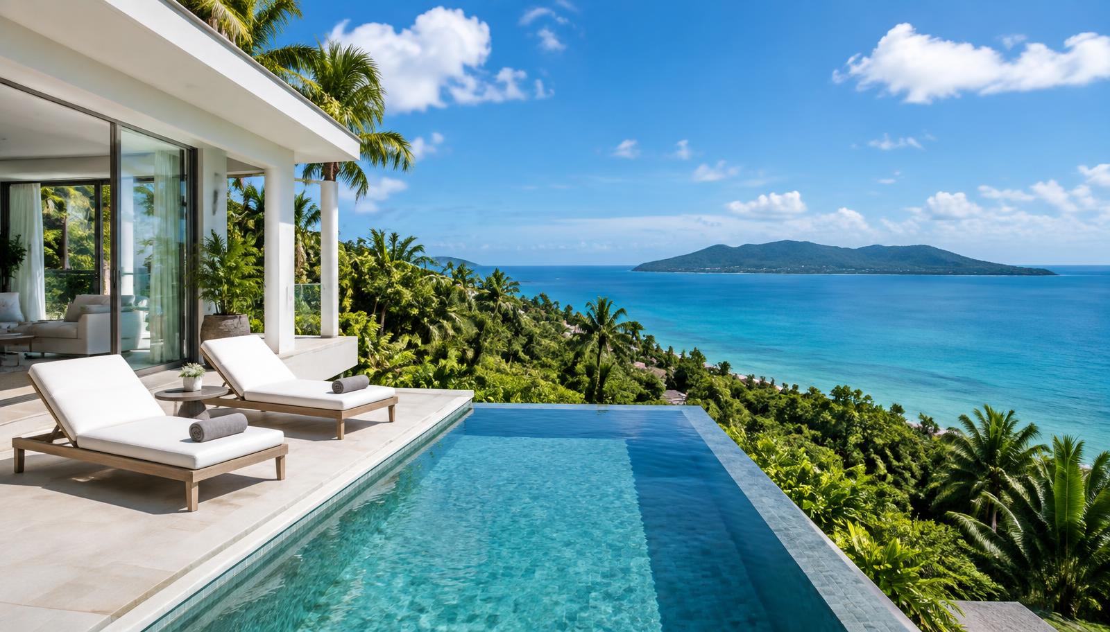 Hilltop villa terrace and pool at Karma Sawet, Koh Samui